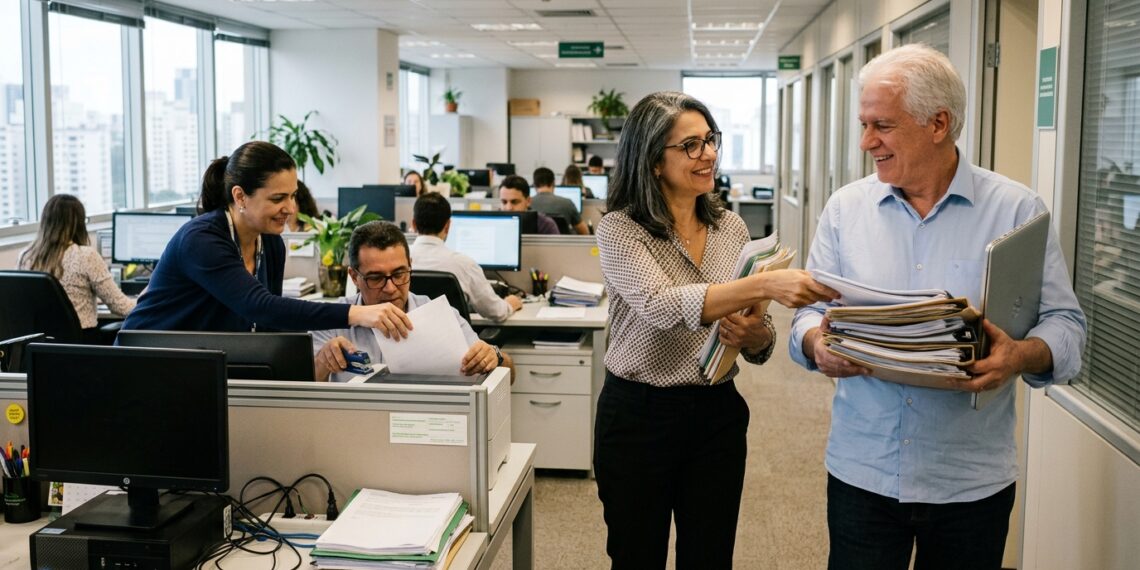 Colegas praticam pequenos gestos de ajuda durante a rotina de trabalho.