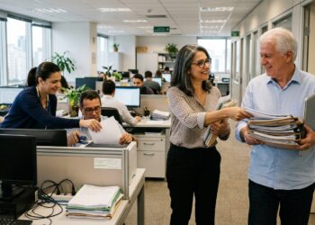 Colegas praticam pequenos gestos de ajuda durante a rotina de trabalho.