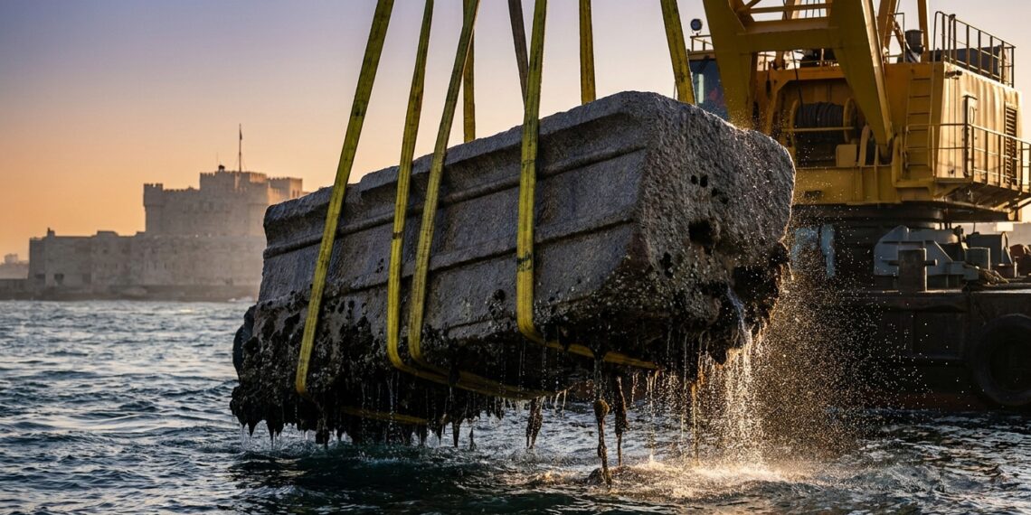 Bloco monumental de granito de 80 toneladas içado por guindaste marítimo das águas de Alexandria com cintas de sustentação