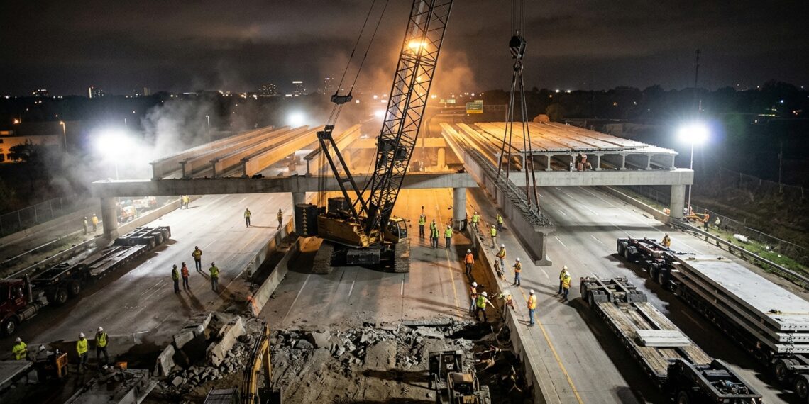 Guindaste instala uma viga pré-fabricada durante a substituição acelerada de uma ponte sobre uma rodovia.