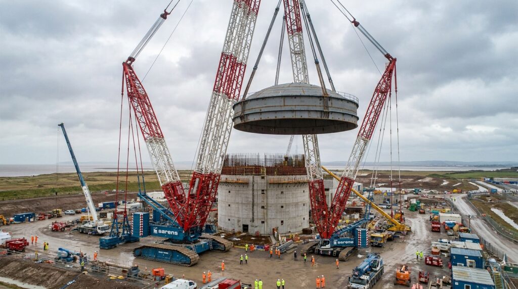 Guindaste gigante iça cúpula de 245 toneladas sobre reator nuclear.