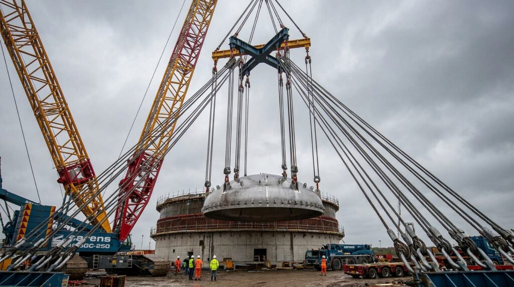 Big Carl transporta enorme cúpula suspensa até o topo do reator.