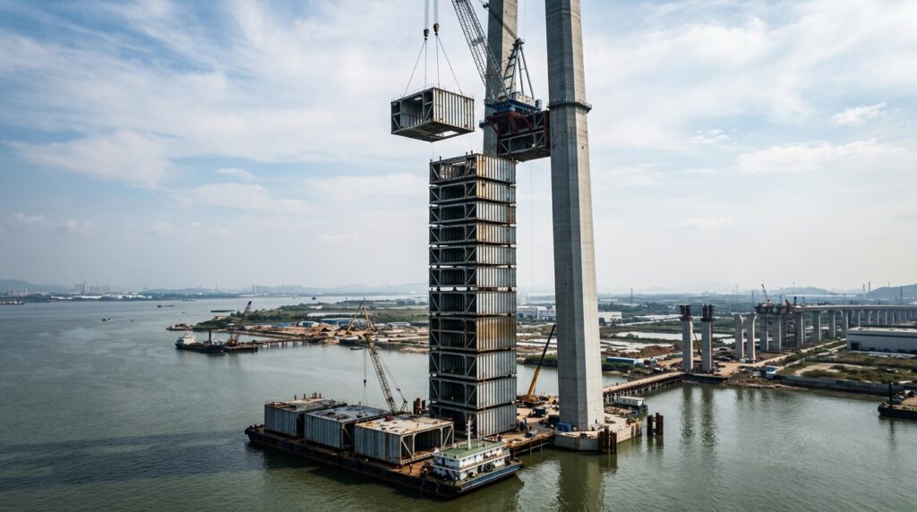 Torre de 342 metros é montada com grandes módulos de aço na China.
