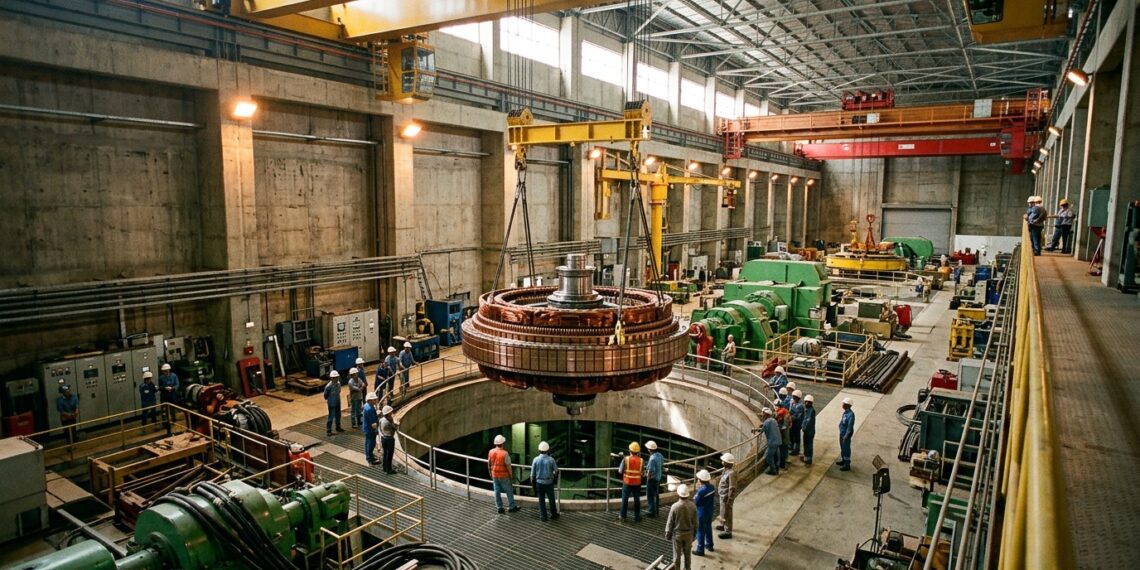 Rotor gigante é baixado verticalmente dentro da casa de força de Belo Monte.