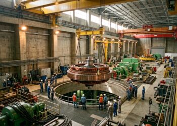 Rotor gigante é baixado verticalmente dentro da casa de força de Belo Monte.