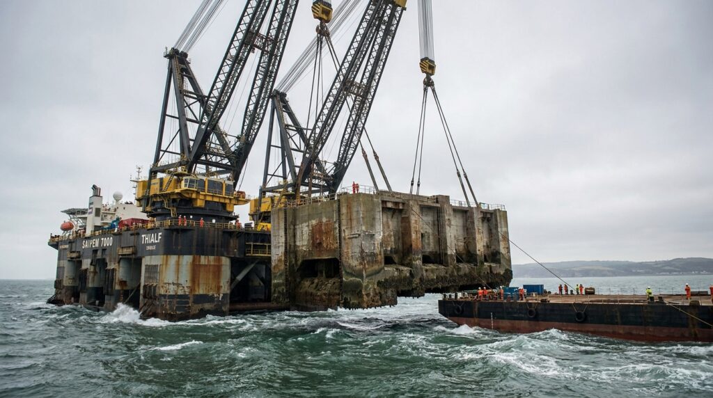 Duas embarcações-guindaste sustentam juntas uma enorme estrutura de concreto.
