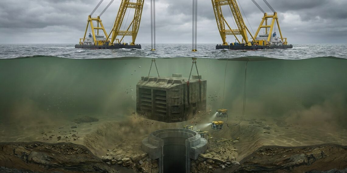 Corte submarino mostra estrutura de concreto sendo baixada até o leito marinho.