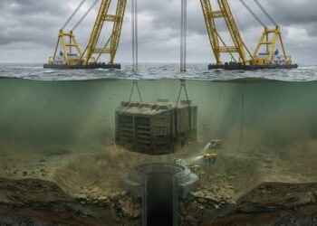 Corte submarino mostra estrutura de concreto sendo baixada até o leito marinho.