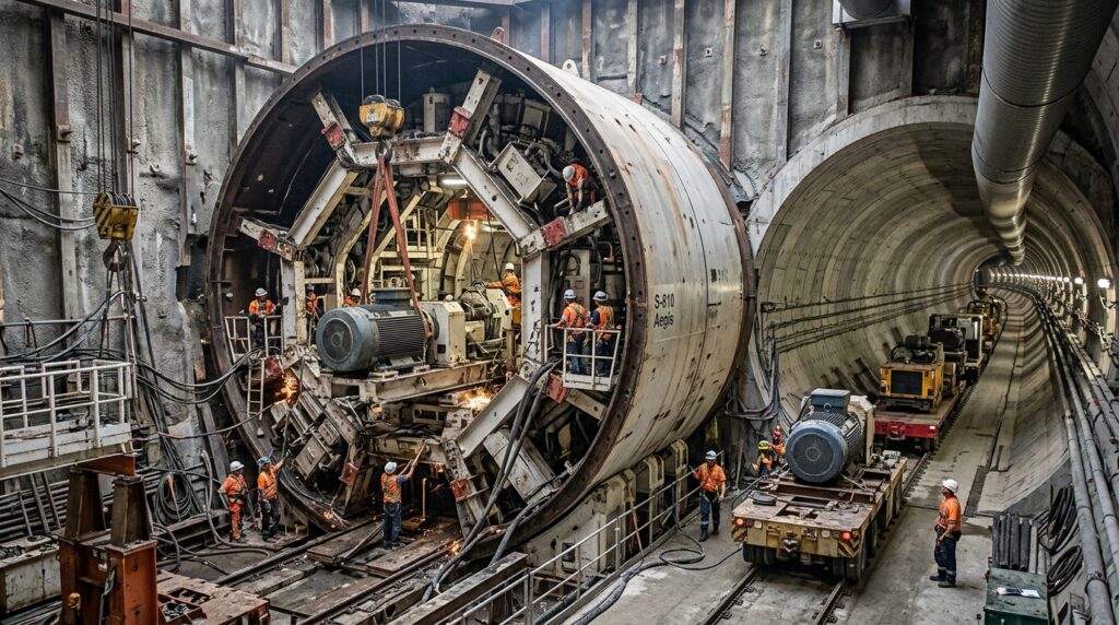 Equipes desmontam componentes de uma tuneladora dentro do túnel.
