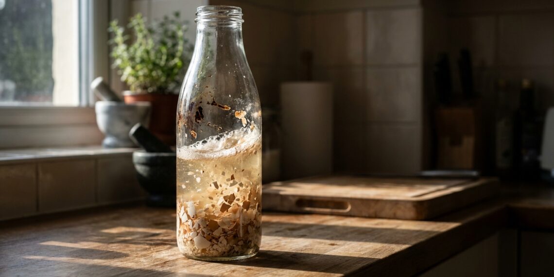 Garrafa de vidro transparente com fragmentos de casca de ovo e água com espuma em turbilhão sobre bancada iluminada pela luz do sol
