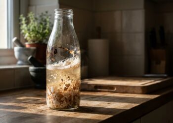 Garrafa de vidro transparente com fragmentos de casca de ovo e água com espuma em turbilhão sobre bancada iluminada pela luz do sol