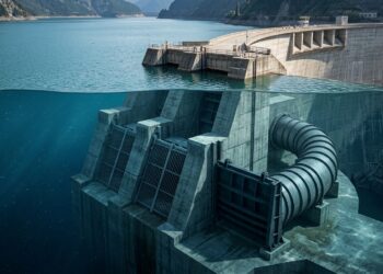Corte de uma grande barragem revela comportas e condutos trabalhando abaixo do nível do reservatório.