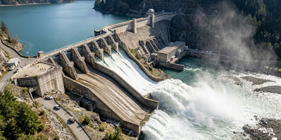 Vertedouro de uma grande barragem libera água do reservatório por enormes canais de concreto.