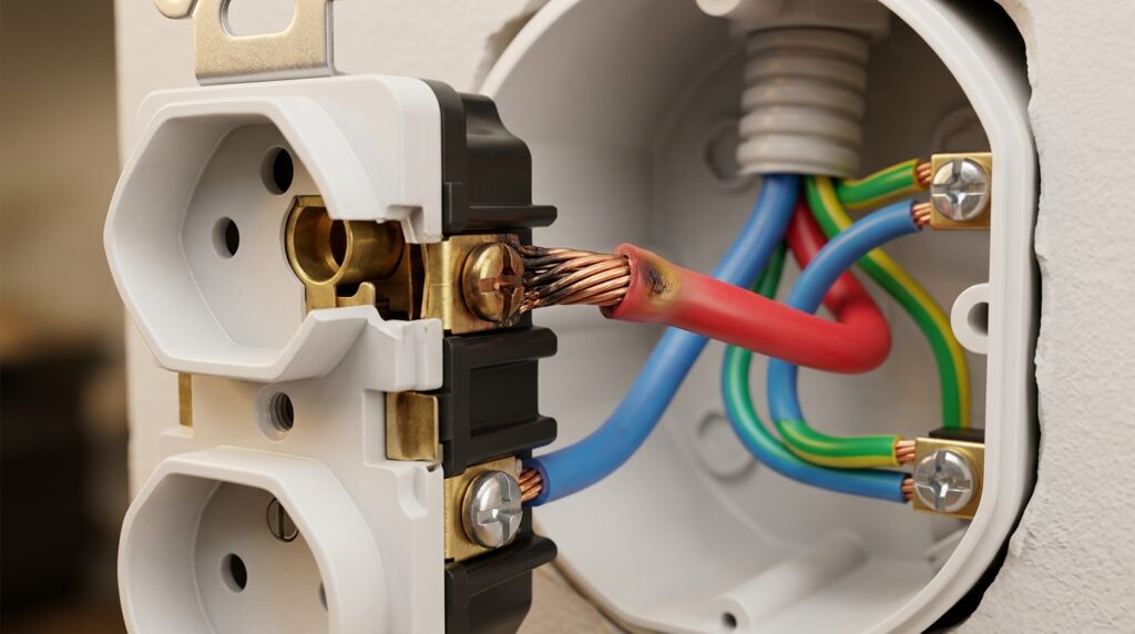 Corte técnico mostra aquecimento concentrado em uma conexão elétrica deficiente no interior de uma tomada.