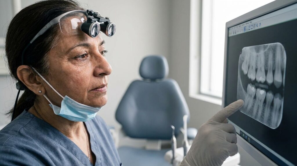 Dentista especialista analisando radiografia interproximal em tela digital para identificar perda óssea alveolar oculta