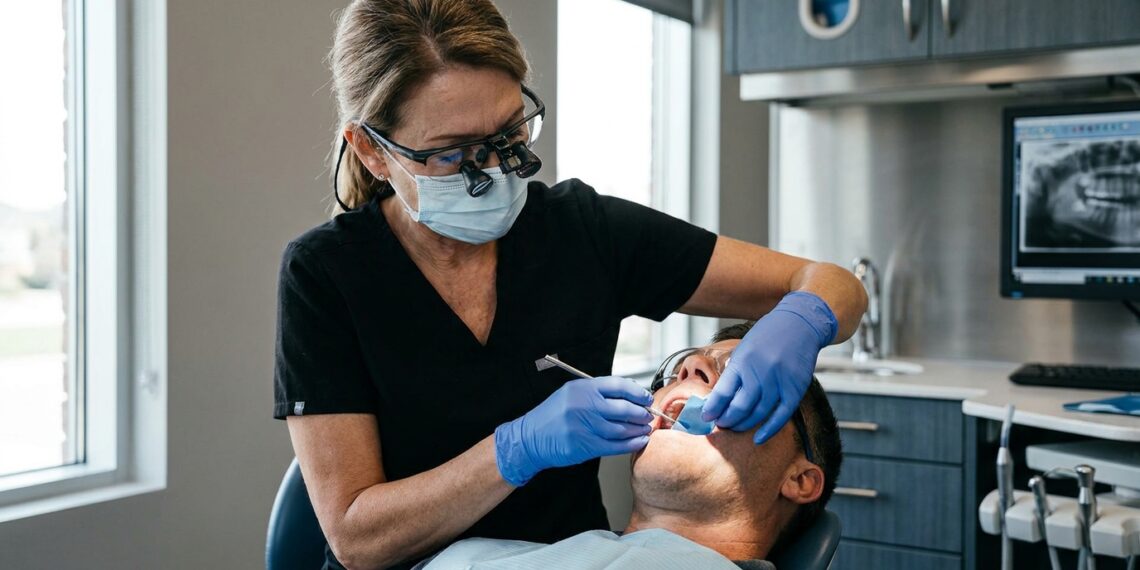 Periodontista com lupa cirúrgica e luvas examinando a mordida e a estabilidade dental de paciente na cadeira odontológica.