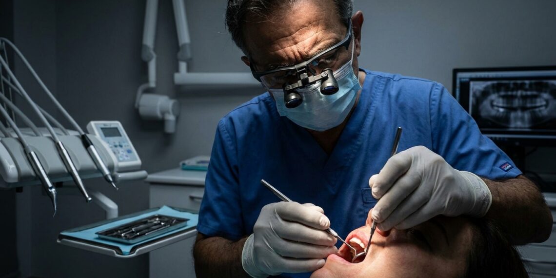 Cirurgião-dentista experiente utilizando espelho clínico e lupa para examinar gengiva inflamada e dentes posteriores de paciente
