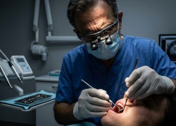 Cirurgião-dentista experiente utilizando espelho clínico e lupa para examinar gengiva inflamada e dentes posteriores de paciente