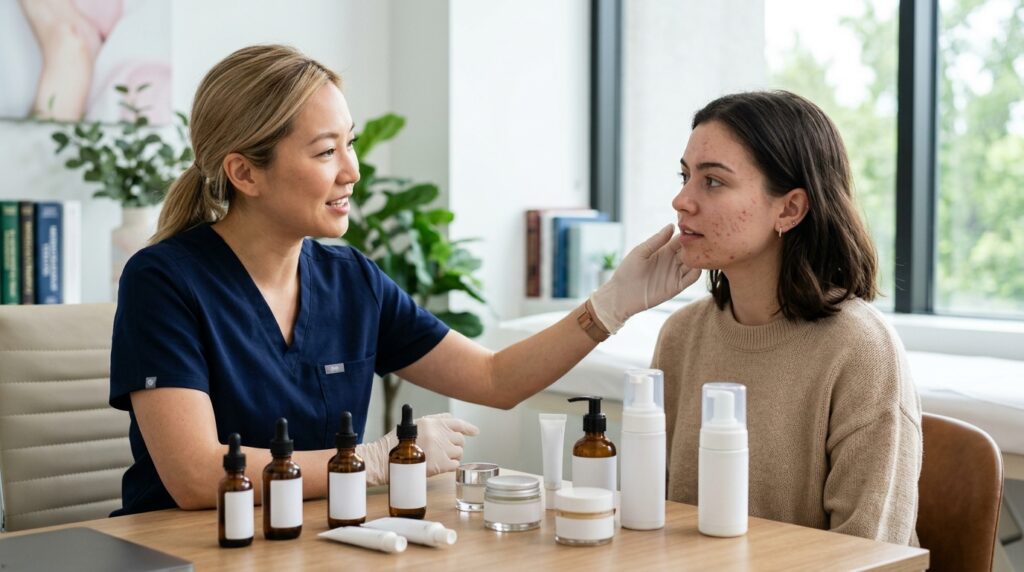 Dermatologista examina pele com vermelhidão durante consulta sobre produtos usados na rotina de skincare.