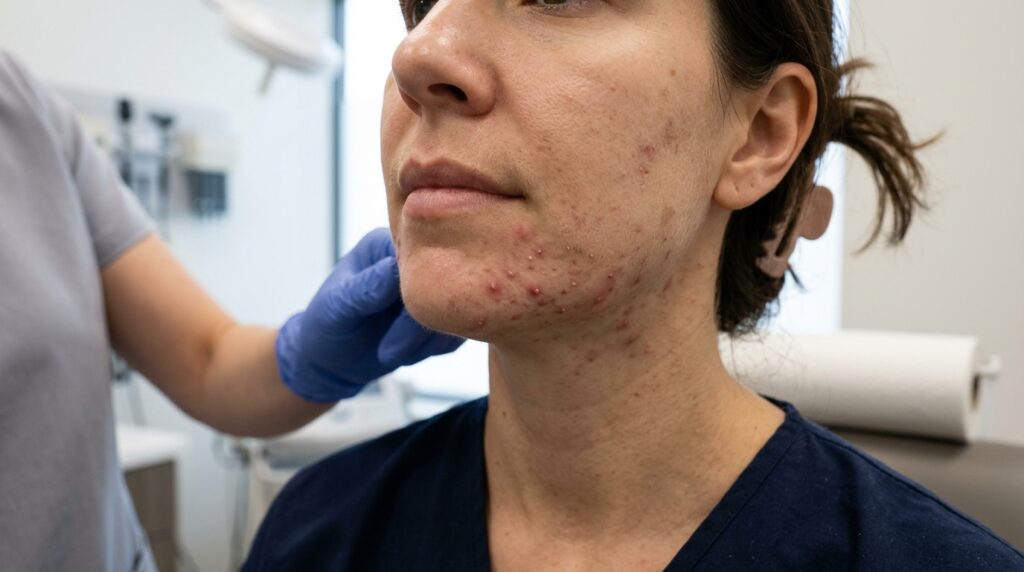 Dermatologista examina acne inflamatória persistente concentrada na mandíbula e no queixo de uma mulher adulta.