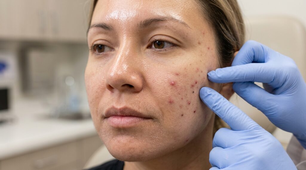 Dermatologista examina pele com oleosidade, acne e pequenas áreas de descamação no mesmo rosto.