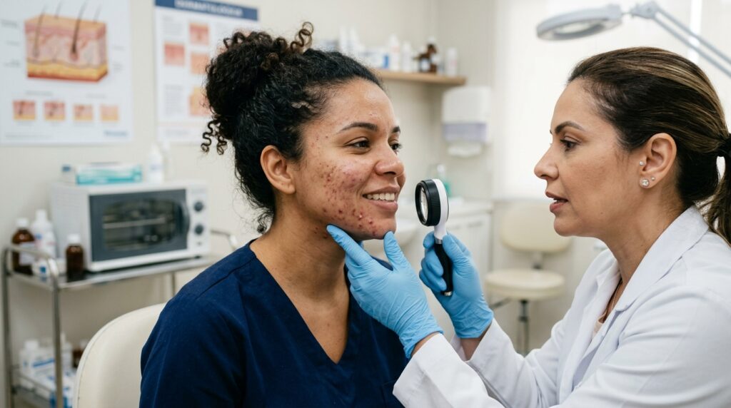 Dermatologista examina lesões inflamatórias de acne no rosto de uma mulher adulta.