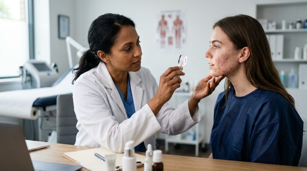 Dermatologista examina a pele de uma mulher durante acompanhamento de tratamento para acne.