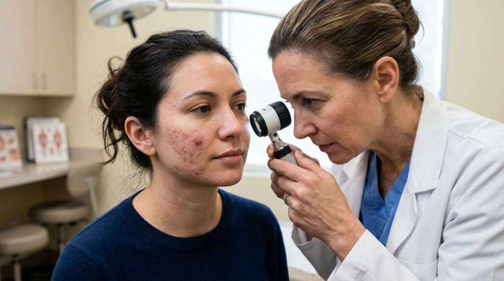 Dermatologista examina acne inflamatória e manchas no rosto de uma paciente adulta.