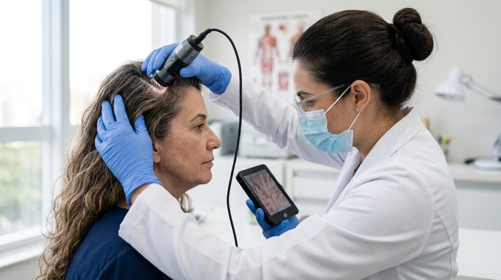 Dermatologista examina os folículos no couro cabeludo de uma mulher durante avaliação capilar.