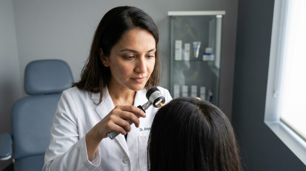 Médico dermatologista utilizando dermatoscópio digital para examinar o couro cabeludo de um paciente em consultório.