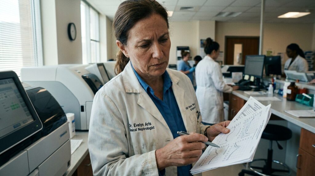 Médico especialista analisando prontuário clínico e marcadores de função renal em ambiente laboratorial hospitalar.