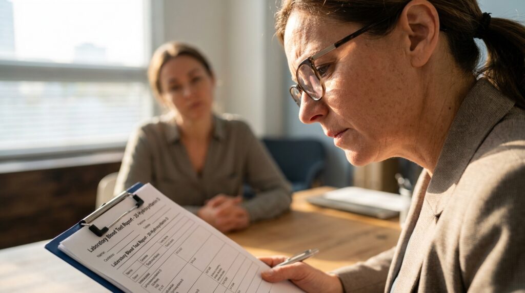Médico endocrinologista examinando resultados de exame laboratorial de sangue em consultório iluminado