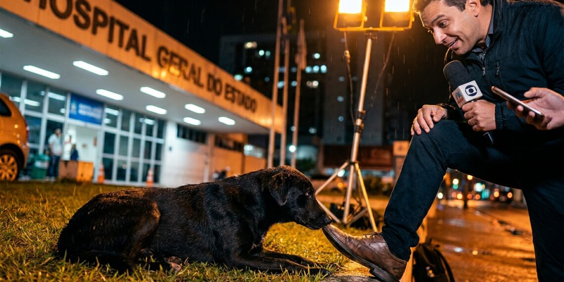 Cão preto dócil deitado na grama mordiscando o sapato de um repórter de televisão durante gravação noturna em Salvador