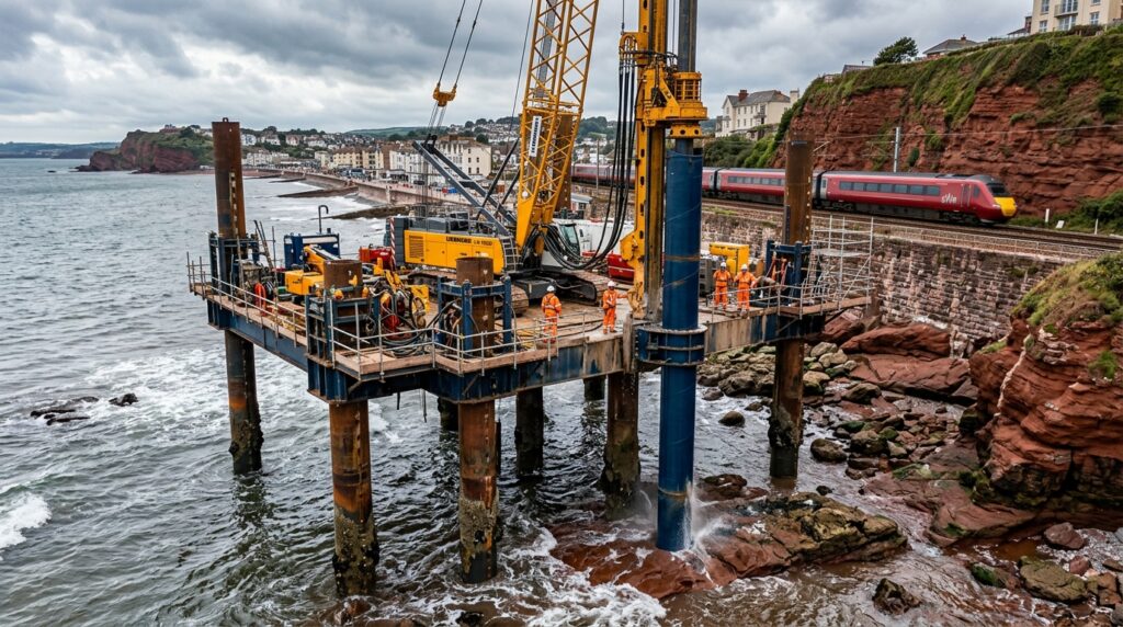 Perfuratriz pesada trabalha sobre a WaveWalker 1 durante a instalação de uma fundação costeira em Dawlish.