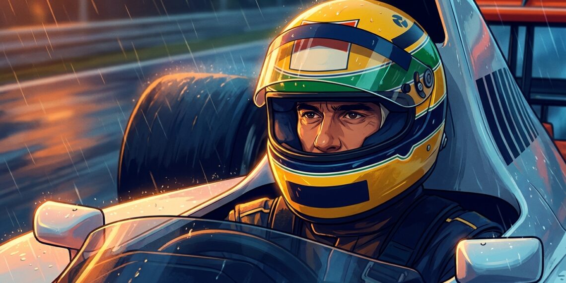 Ilustração em estilo de animação de Ayrton Senna com seu capacete amarelo icônico no cockpit de um carro de corrida.