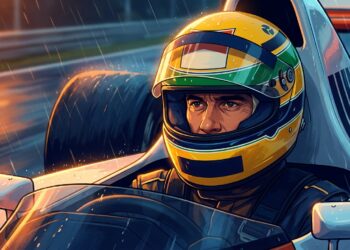 Ilustração em estilo de animação de Ayrton Senna com seu capacete amarelo icônico no cockpit de um carro de corrida.
