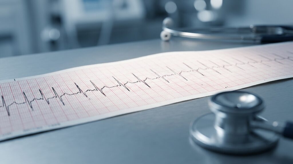 Registro em papel milimetrado de traçado de eletrocardiograma evidenciando frequência cardíaca acelerada sobre uma mesa clínica