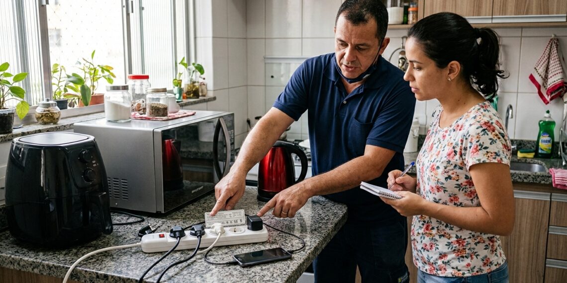 Eletricista mostra a especificação de uma régua de tomadas ao lado de eletrodomésticos de diferentes potências.