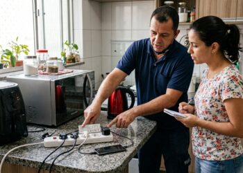Eletricista mostra a especificação de uma régua de tomadas ao lado de eletrodomésticos de diferentes potências.