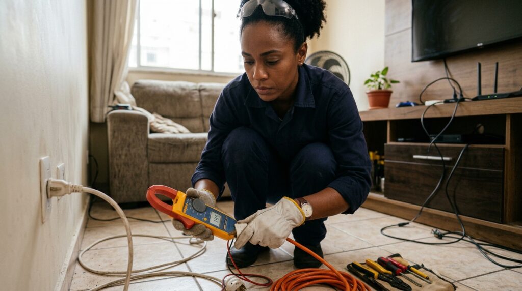 Eletricista inspeciona extensões conectadas em sequência e a tomada que alimenta os aparelhos.