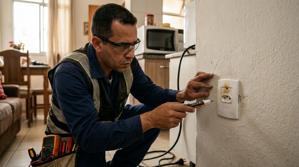 Eletricista inspeciona tomada com sinais de aquecimento e escurecimento ao redor dos contatos.