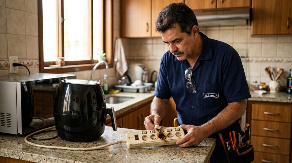 Eletricista inspeciona filtro de linha próximo a air fryer e micro-ondas em uma cozinha.