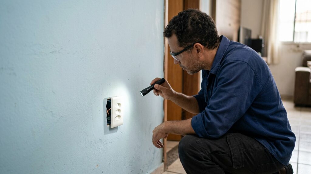 Eletricista ilumina tomada e observa trecho de cobre exposto dentro da caixa.
