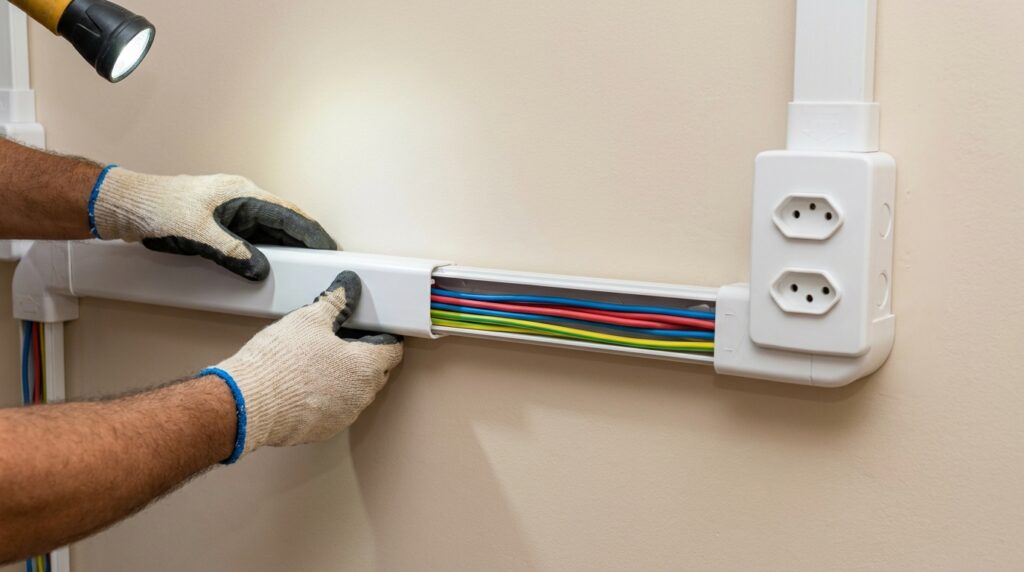 Canaleta aberta mostra fios protegidos a caminho de uma tomada de sobrepor.