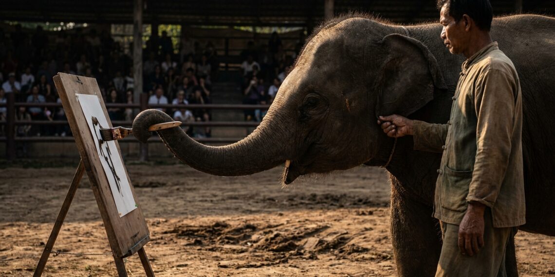 Elefante asiático jovem segurando pincel com a ponta da tromba diante de uma tela enquanto o condutor pressiona a cartilagem de sua orelha em arena turística na Tailândia