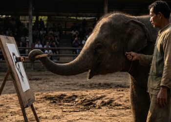 Elefante asiático jovem segurando pincel com a ponta da tromba diante de uma tela enquanto o condutor pressiona a cartilagem de sua orelha em arena turística na Tailândia