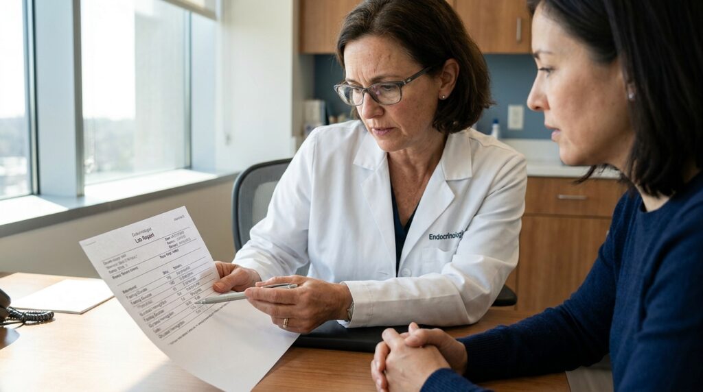 Médico endocrinologista analisando resultados de exames de sangue e glicemia em mesa de consultório.