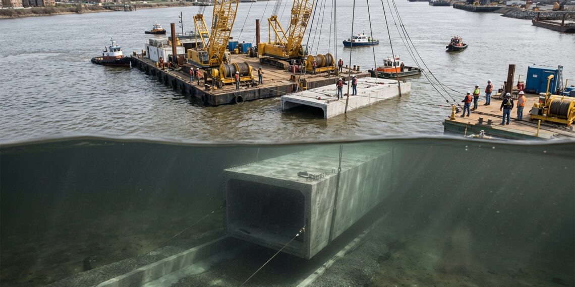 Enorme trecho de túnel de concreto é afundado de forma controlada até uma vala preparada no fundo de um rio.