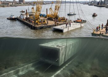 Enorme trecho de túnel de concreto é afundado de forma controlada até uma vala preparada no fundo de um rio.
