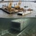 Enorme trecho de túnel de concreto é afundado de forma controlada até uma vala preparada no fundo de um rio.